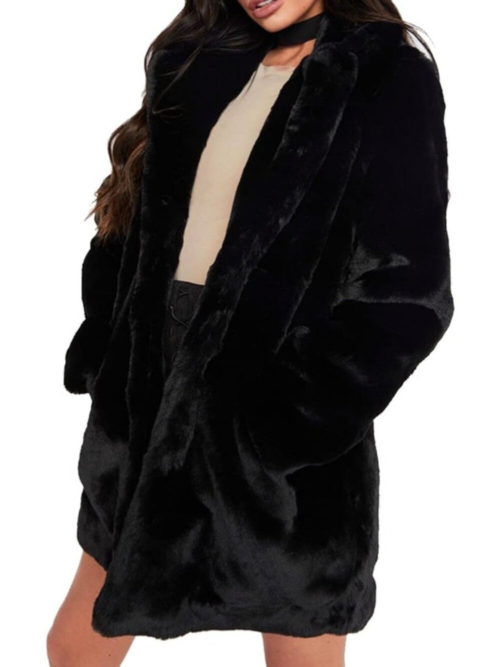 Cozy Women's Winter Faux Fur Coat with Lapel, Inner Lining & Button Details